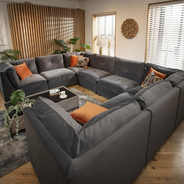 Quatropi Luxury Large U-Shaped Modular Sofa Couch 8 Seater Grey Velvet Fabric