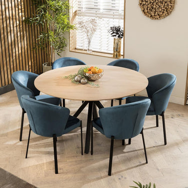 Quatropi Luxury Natural Solid Round Wooden 6 Chair Seater Dining Set Blue 140cm