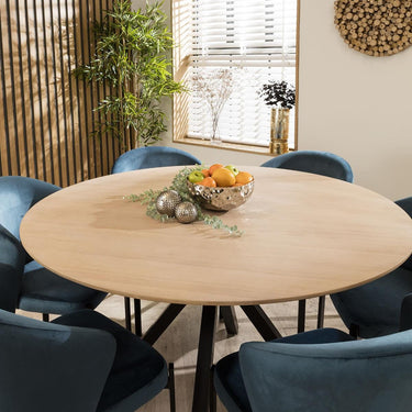 Quatropi Luxury Natural Solid Round Wooden 6 Chair Seater Dining Set Blue 140cm