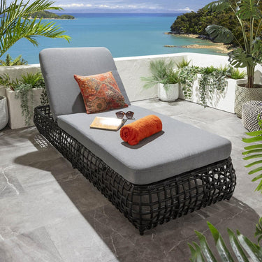 Quatropi Luxury Outdoor Garden Cushioned Rattan Sun Lounger Reclining Grey 206cm
