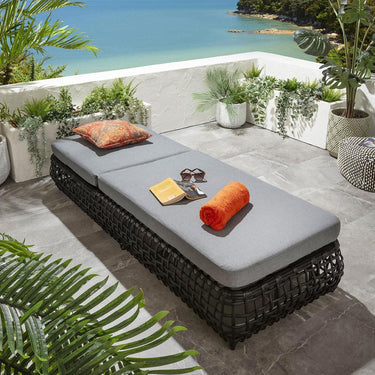 Quatropi Luxury Outdoor Garden Cushioned Rattan Sun Lounger Reclining Grey 206cm