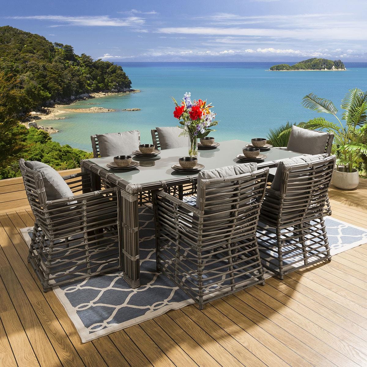 Quatropi Luxury Outdoor Garden Dining Set 6 chairs , Large Table Bamboo Style Grey Beach Club