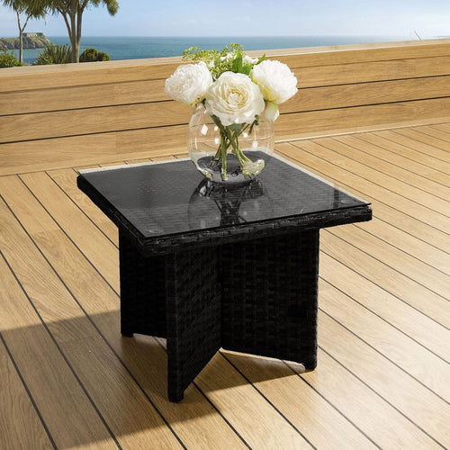 Crane Small Black Rattan Side Table with Glass Top 46x46cm