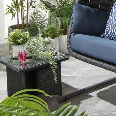 Quatropi Luxury Outdoor Garden Square End Coffee Table Black Rattan Clear Glass Crane