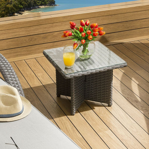 Luxury Outdoor Garden Square End Coffee Table Grey Rattan Clear Glass Crane