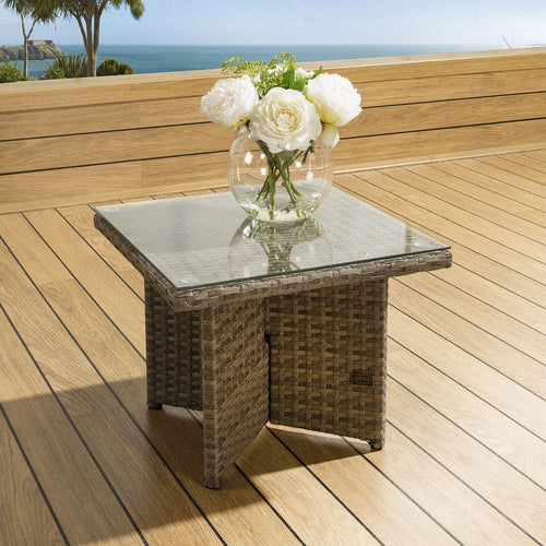 Luxury Outdoor Garden Square Side Coffee Table Brown Rattan Clear Glass Crane
