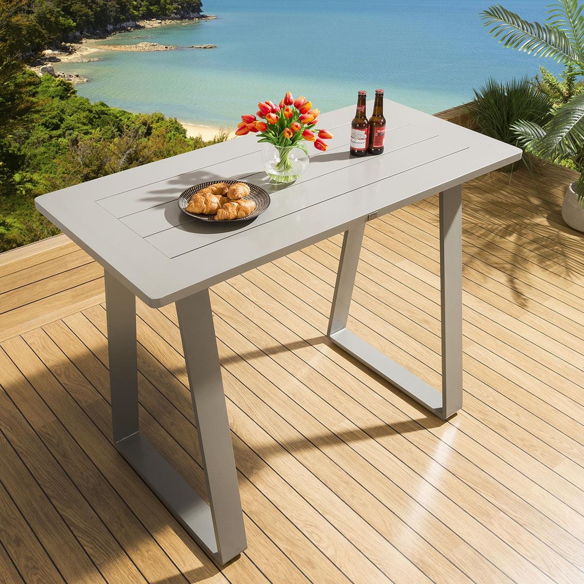 Quatropi Luxury Outdoor Tall Bar Table 150x70cm Grey Aluminium Garden Freddy