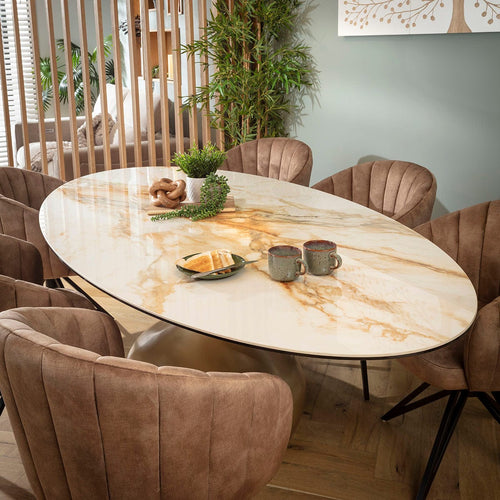 Hattie & Venusia Luxury 6 Seater Oval Dining Set Brown & White Ceramic