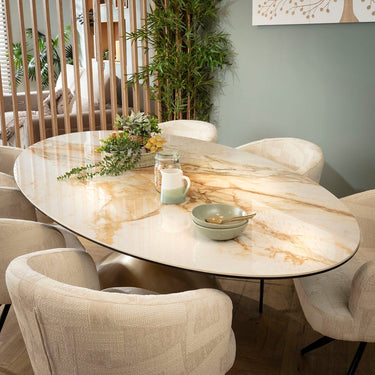 Quatropi Luxury Oval 6 Seater Ceramic Marble Dining Table and Chairs Set Cream White