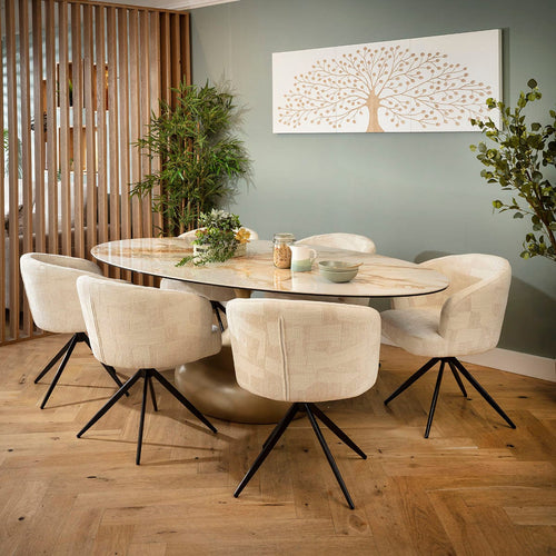 Lyla & Venusia Luxury 6 Seater Oval Ceramic Dining Set Cream & White Return Swivel Chairs