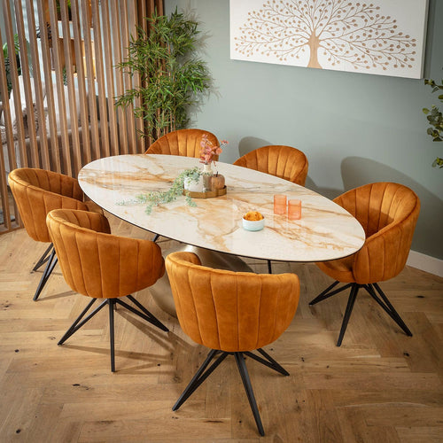 Hattie & Venusia Luxury 6 Seater Oval Dining Set Saffron & White Ceramic