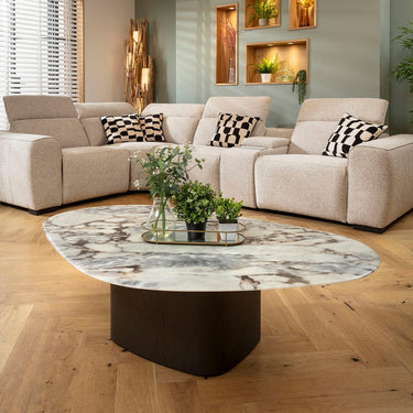 Quatropi Luxury Rounded Ceramic Marble Coffee Table White Grey 140cm x 90cm