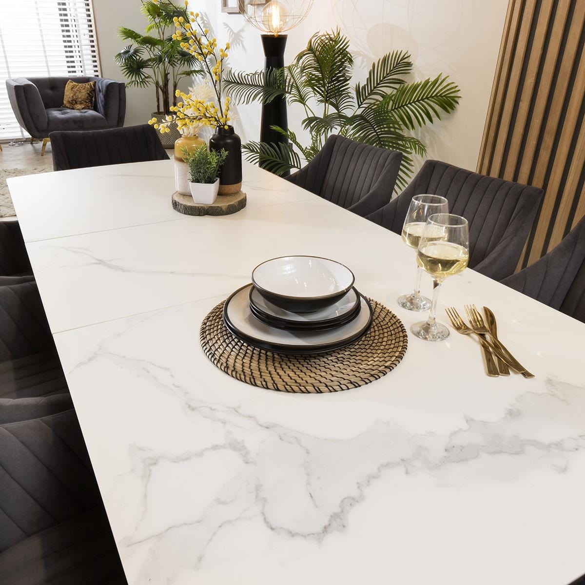 Quatropi Luxury White Ceramic Extending Table & Grey Swivel Chairs - 6 Seater Dining Set