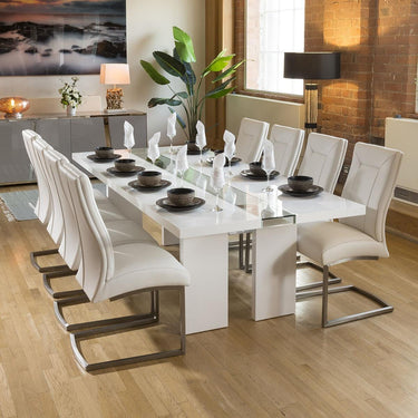 Quatropi Luxury White / Glass Dining Table Set +10 Padded White Chairs 4110