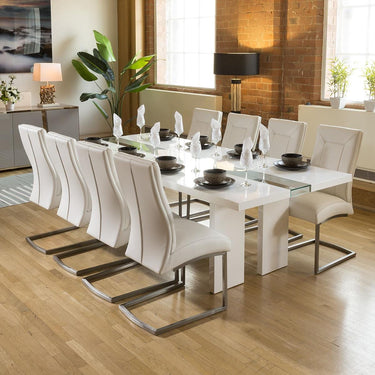Quatropi Luxury White / Glass Dining Table Set + 8 Padded White Chairs 4111