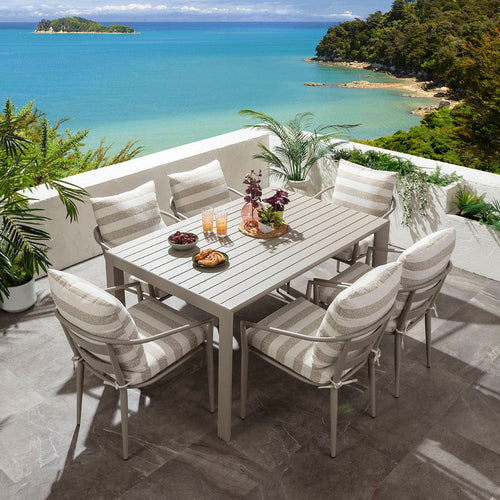 Mia & Atlas 6 Seater Extendable Outdoor Garden Dining Set Beige Stripe & Almond Grey