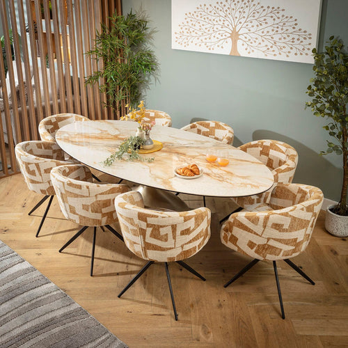 Lyla & Venusia Large 8 Seater Ceramic Oval Dining Set Yellow & White Return Swivel Chairs