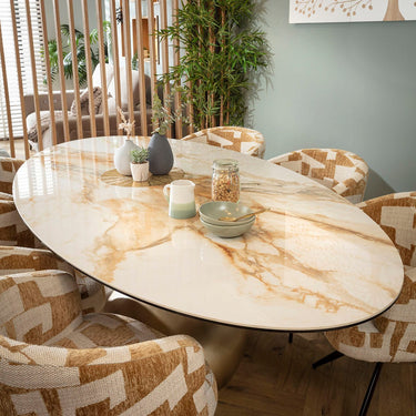 Quatropi Lyla & Venusia Luxury 6 Seater Oval Dining Set Yellow & White Ceramic