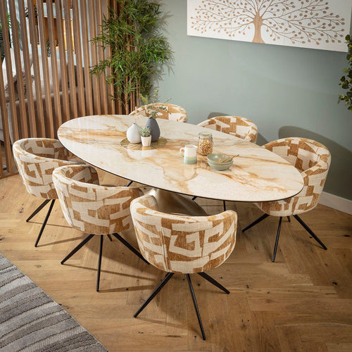 Lyla & Venusia Luxury 6 Seater Ceramic Oval Dining Set Yellow & White Return Swivel Chairs