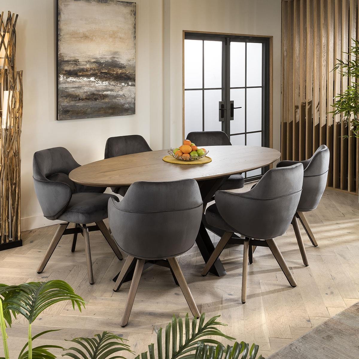Quatropi Maeve Solid Wood Stained Oval Dining Table And 6 Chairs Set Grey