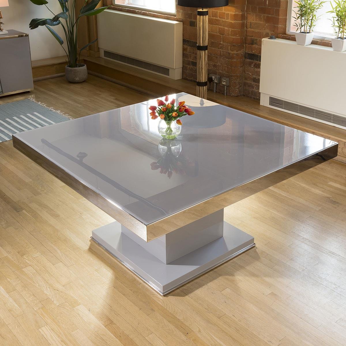 Quatropi Magnificent Large Square Dining Table in Grey Gloss with Chrome Trim