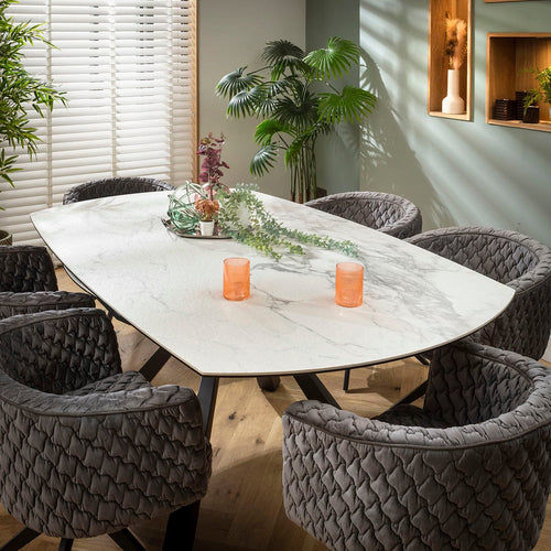 Maple & Rudie 6 Seater Round Extendable Dining Set Grey & Matte White Ceramic