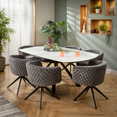 Quatropi Maple & Rudie 6 Seater Round Extendable Dining Set Mustard Yellow & Matte White Ceramic