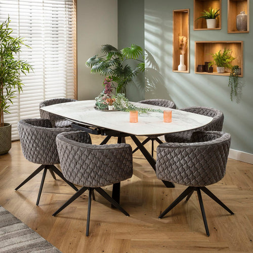 Maple & Rudie 6 Seater Round Extendable Dining Set Return Swivel Grey & Matte White Ceramic