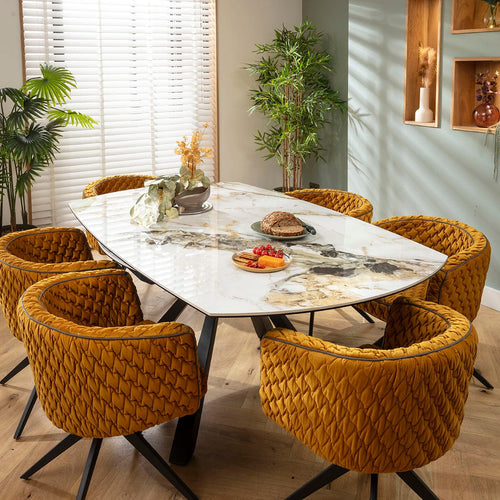 Maple & Rudie 6 Seater Round Extendable Dining Set Mustard Yellow & White Ceramic