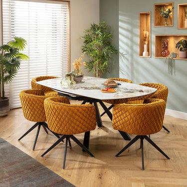 Quatropi Maple & Rudie 6 Seater Round Extendable Dining Set Mustard Yellow & White Ceramic