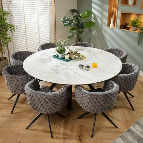 Maple & Rudie 8 Seater Round Extendable Dining Set Grey & Matte White Ceramic
