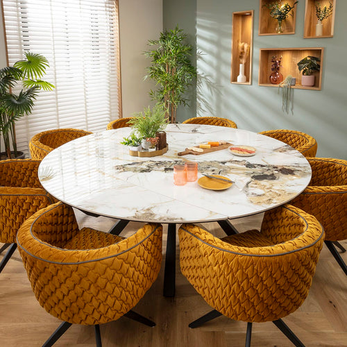 Maple & Rudie 6 Seater Round Extendable Dining Set Mustard Yellow & White Ceramic