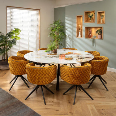 Quatropi Maple & Rudie 8 Seater Round Extendable Dining Set Mustard Yellow & White Ceramic