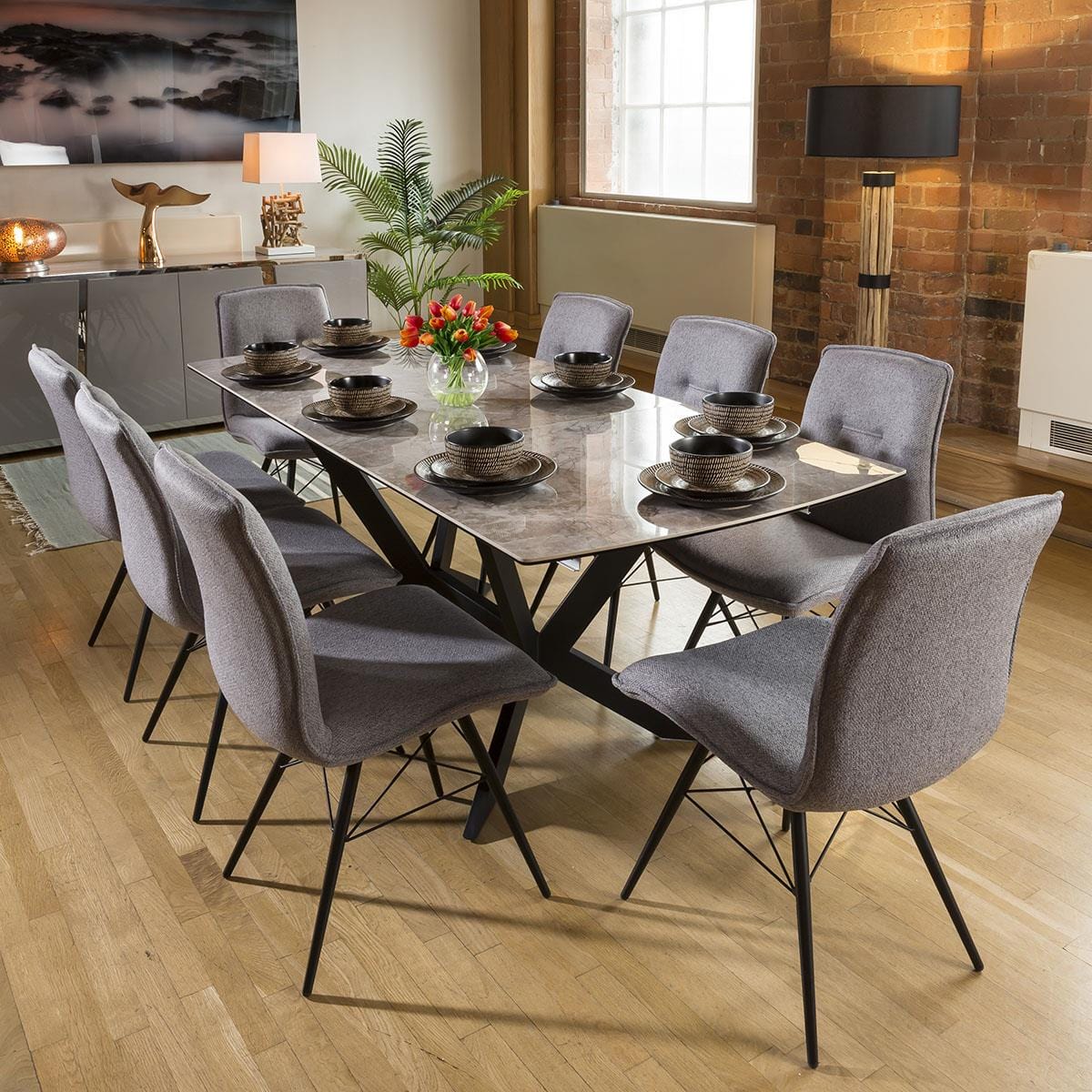 Quatropi Marble Grey Ceramic Dining Table + 8 Grey Fabric Chairs 9137