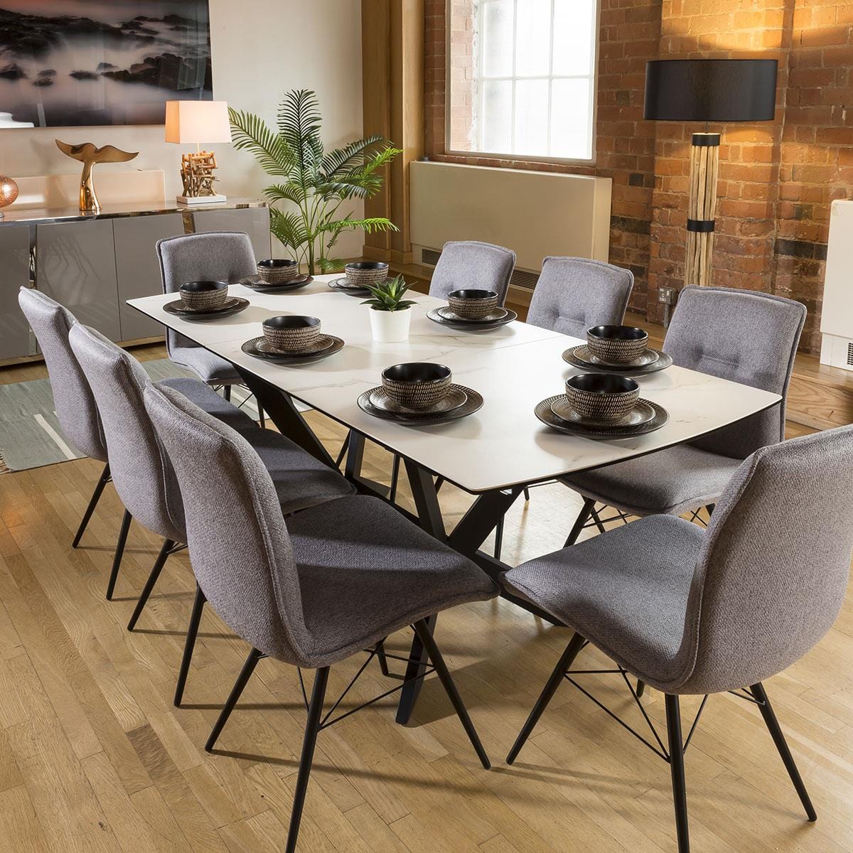 Quatropi Marble White Ceramic Dining Table + 8 Grey Fabric Chairs 9137