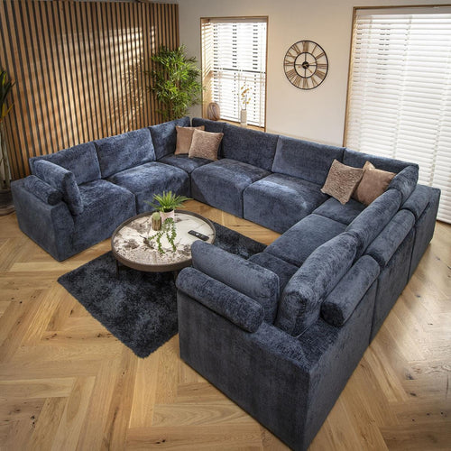 Martha 8 Seater U-Shape Sofa Blue Chenille 348x266cm 11