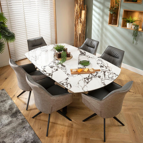 Millie & Rudie 6 Seater Round Extendable Dining Set Grey & Black-Veined White Ceramic