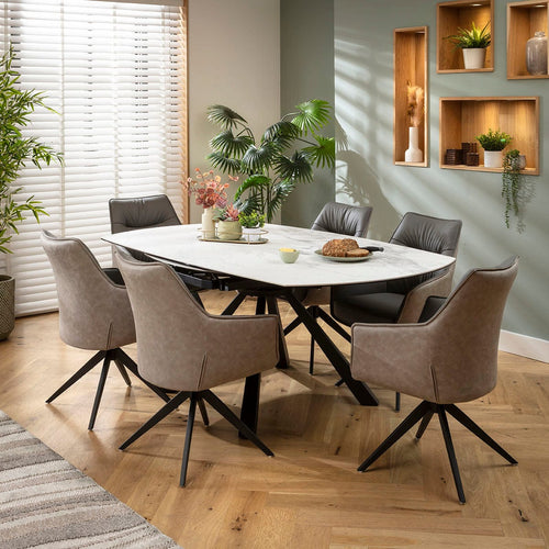 Millie & Rudie 6 Seater Round Extendable Dining Set Grey Return Swivel & Matte White Ceramic