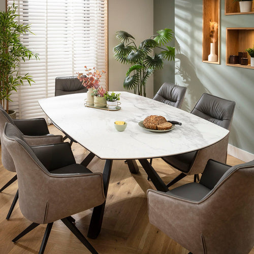 Millie & Rudie 6 Seater Round Extendable Dining Set Grey & Matte White Ceramic