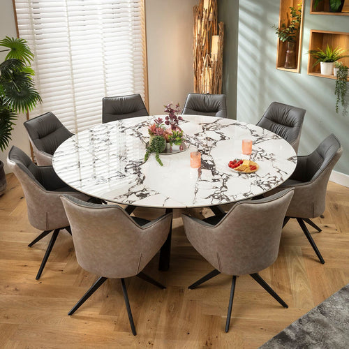 Millie & Rudie 8 Seater Round Extendable Dining Set Grey & Black-Veined White Ceramic