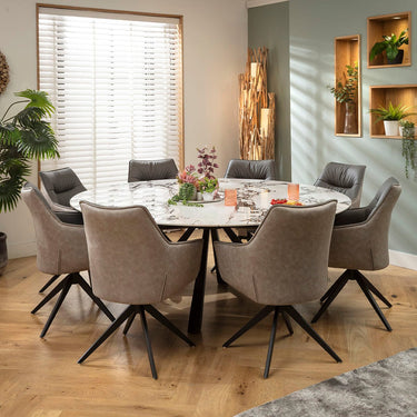 Quatropi Millie & Rudie 8 Seater Round Extendable Dining Set Grey & Black-Veined White Ceramic