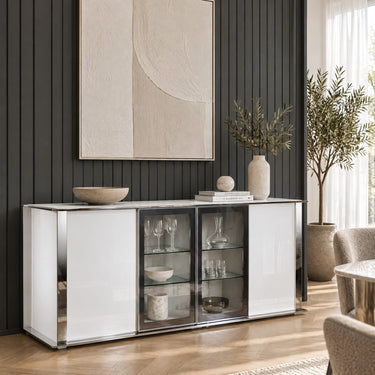 Mirage Large Modern Sideboard White & Chrome with Glass Top 200cm Full – Quatropi