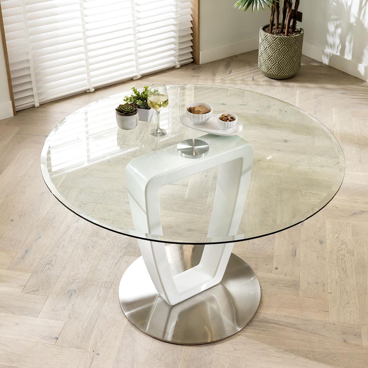 Quatropi Modern 1.2m Round Clear Glass Dining Table. Stainless steel Base. New