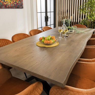 Quatropi Modern 10 Seat Stained Live Edge Solid Wooden Dining Set Orange Velvet
