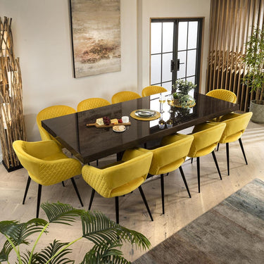 Quatropi Modern 10 Seater Dining Table Chairs Set Gloss Oak Yellow Velvet 240cm