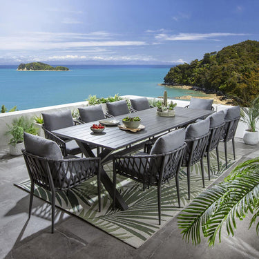 Quatropi Modern 10 Seater Outdoor Garden Dining Set Grey Wood Effect Aluminium