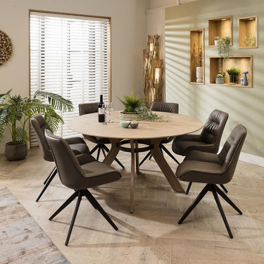 Quatropi Modern 150cm Round Wooden Dining Table And 6 Grey Leather Chairs Set