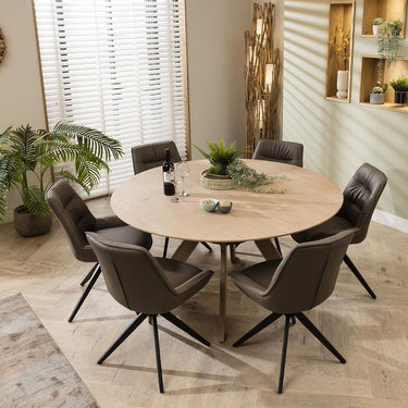 Quatropi Modern 150cm Round Wooden Dining Table And 6 Grey Leather Chairs Set