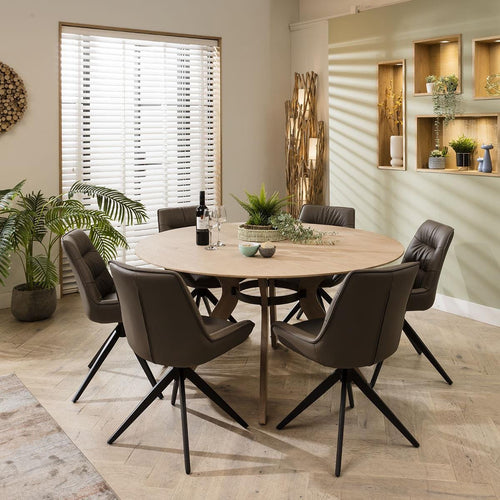 Nora 6 Seater Natural Round Solid Wooden Dining Set Grey Return Swivel Chairs