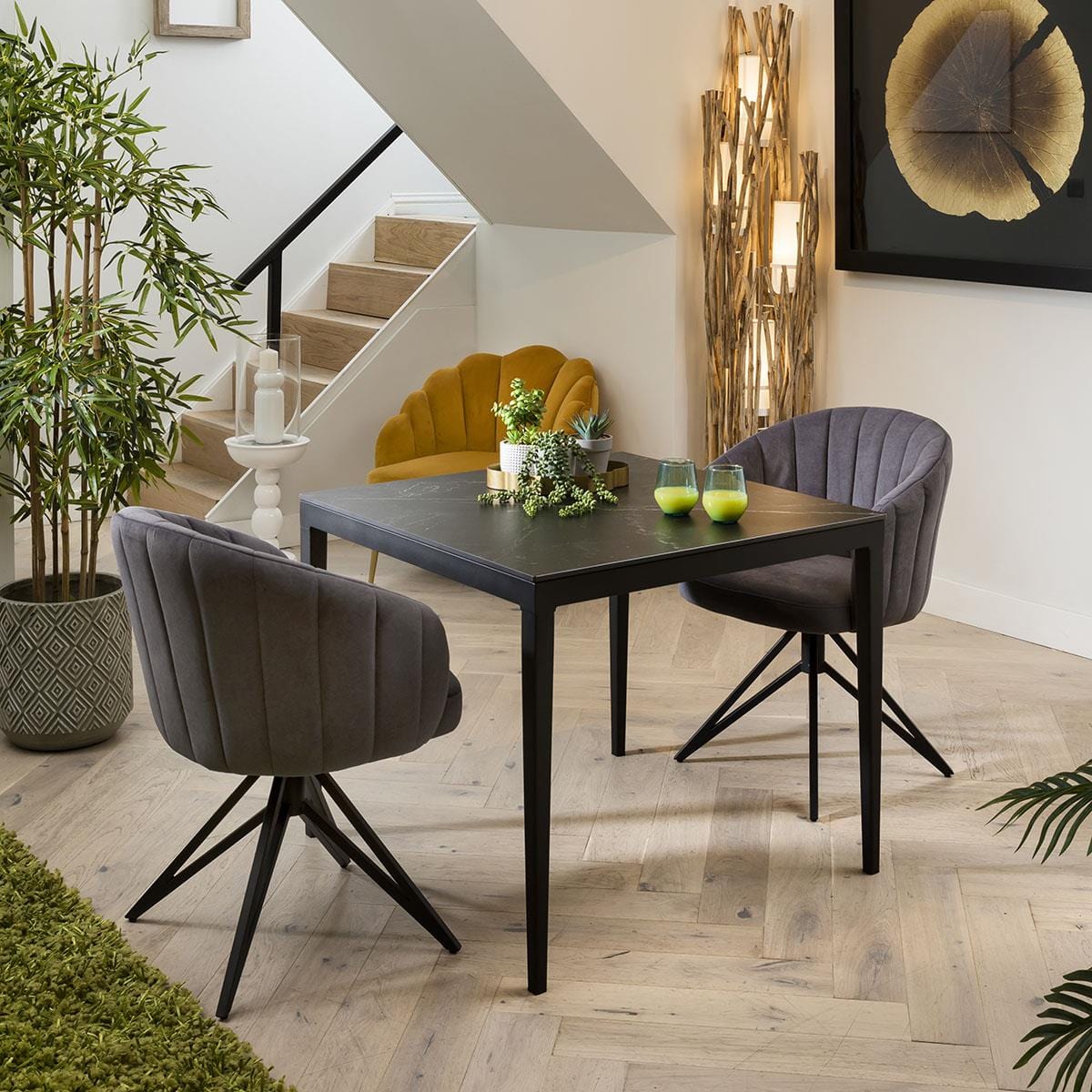 Quatropi Modern 2 Person Dining Set - Black Ceramic Table - Swivel Dining Chairs